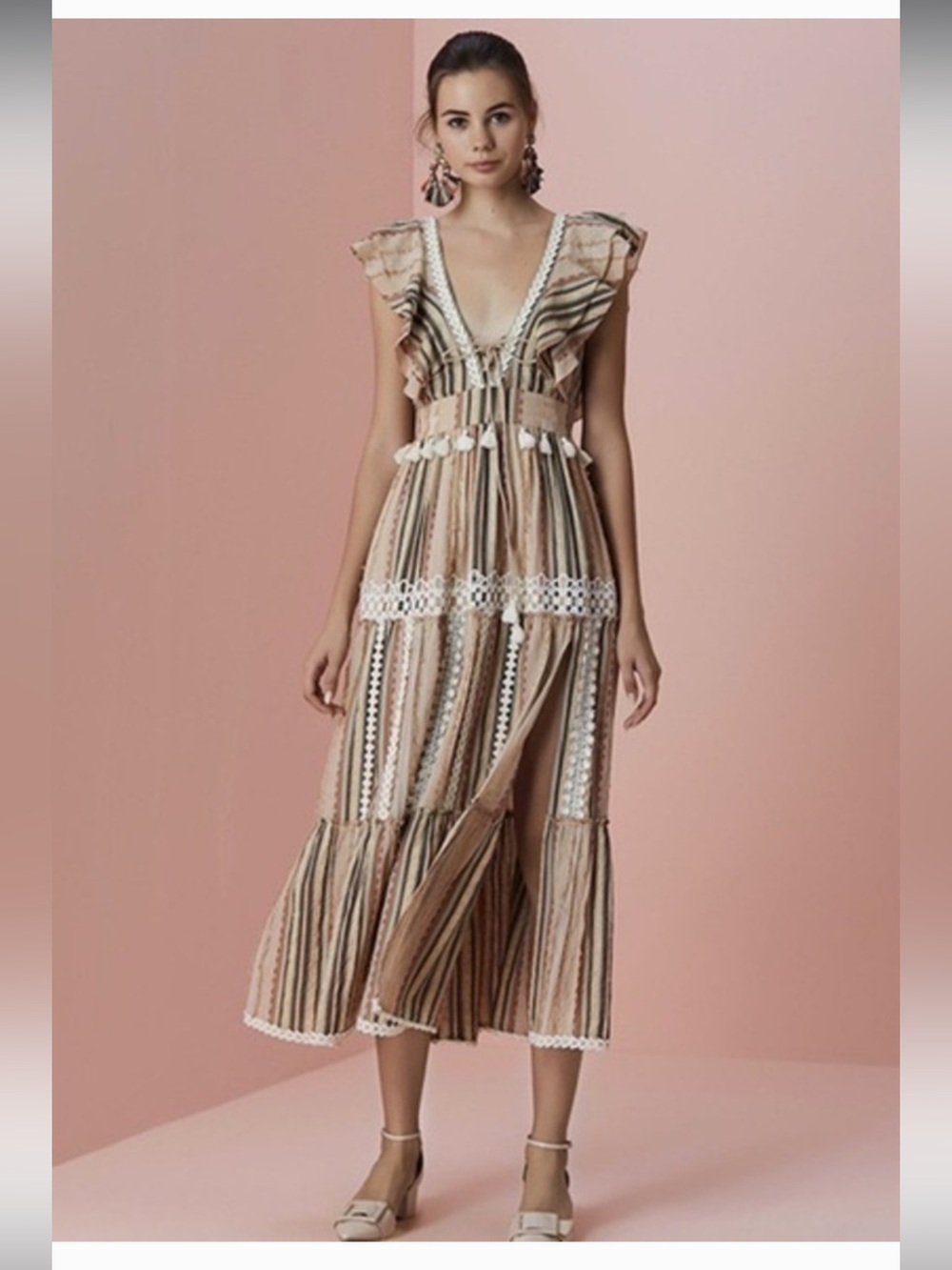 HEMANT & NANDITA Boho Bohemian V-Neck Midi Maxi Dress Cotton European Vacation